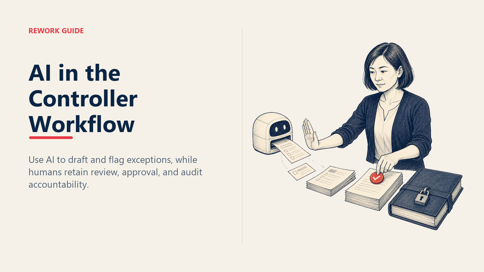 AI in the controller workflow with a human approval gate between draft automation and the general ledger