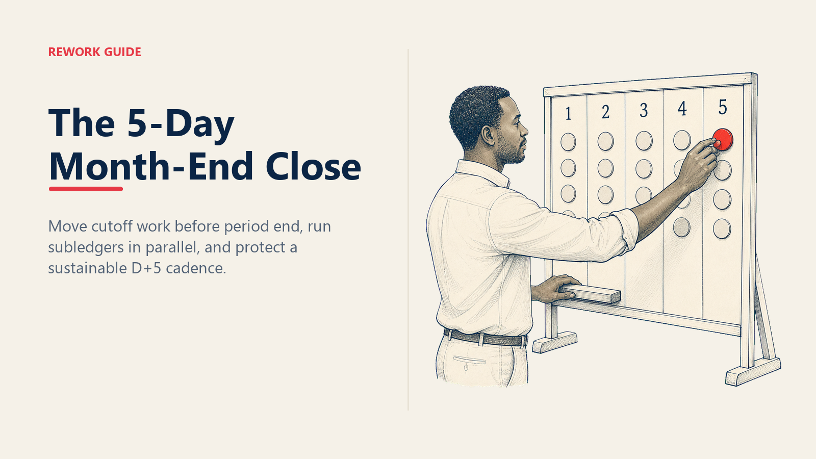 Five-day month-end close calendar with a controller locking the books at the fifth station