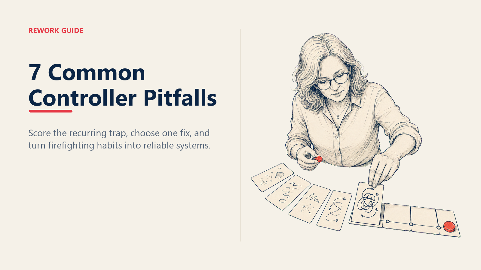 Controller selecting one recurring pitfall card and placing it onto a clean repair track