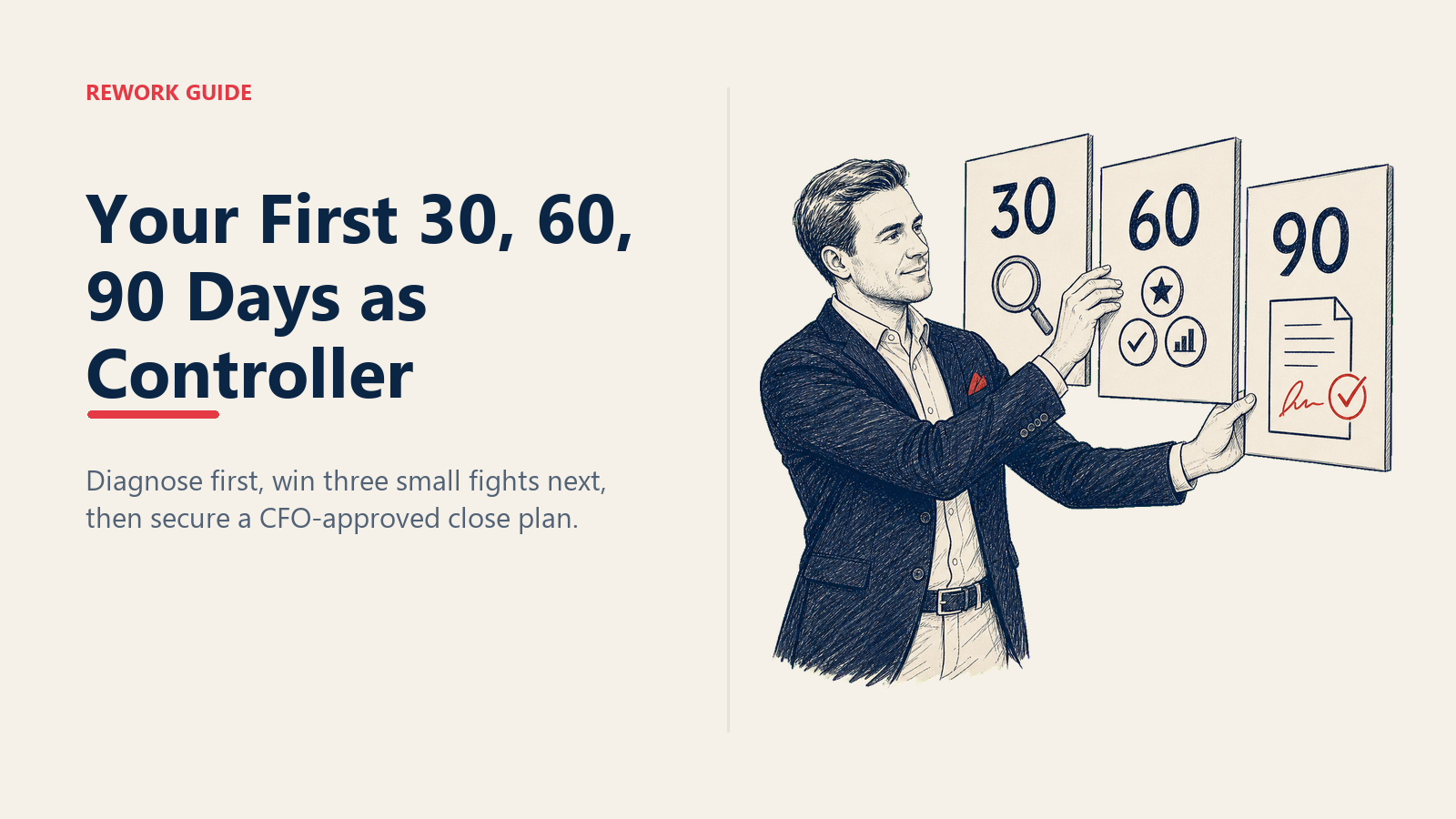 New controller ordering 30, 60, and 90 day milestones from diagnosis to a CFO-approved close plan