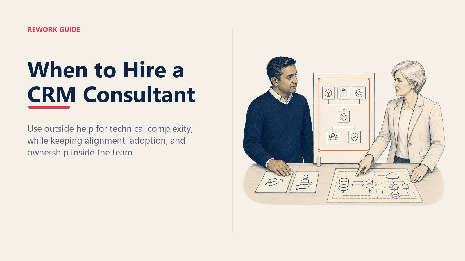 Internal RevOps lead keeping adoption ownership while a CRM consultant handles complex migration and integration work