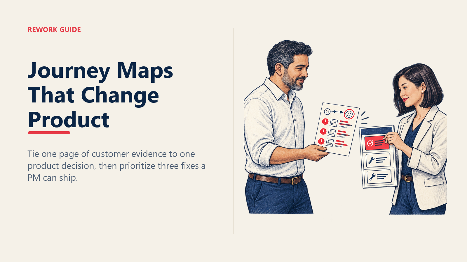 CX manager turning a sprawling journey map into one page while a product manager moves three fixes into a sprint