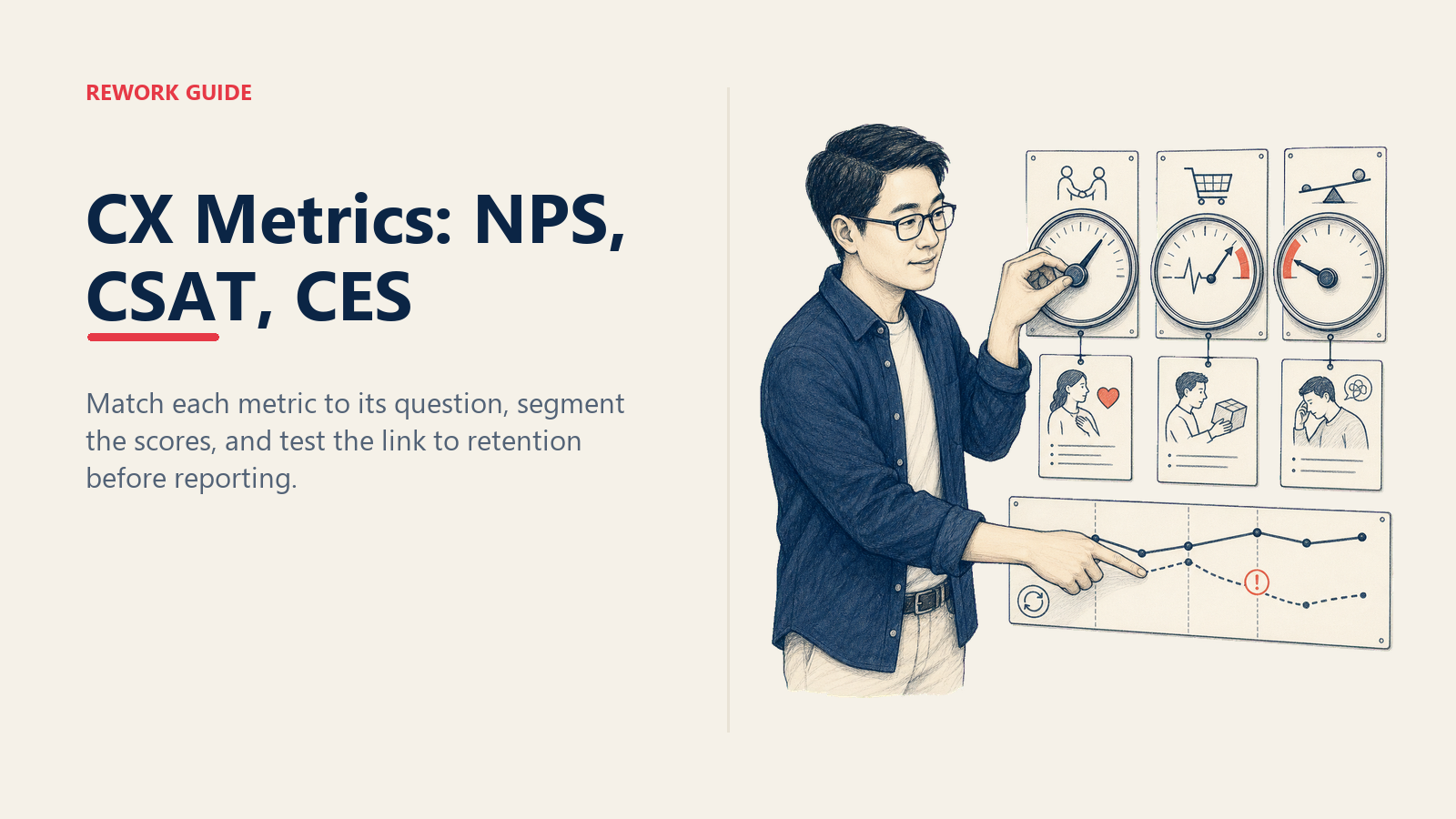 CX analyst matching three customer metrics to distinct moments and checking their correlation with retention