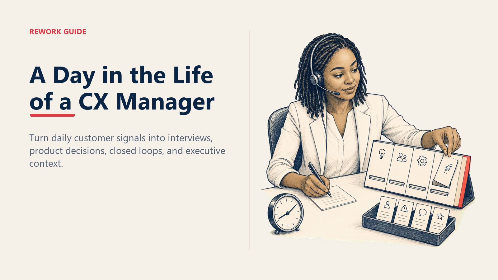 Customer experience manager turning a live interview quote into a product roadmap decision during a busy morning