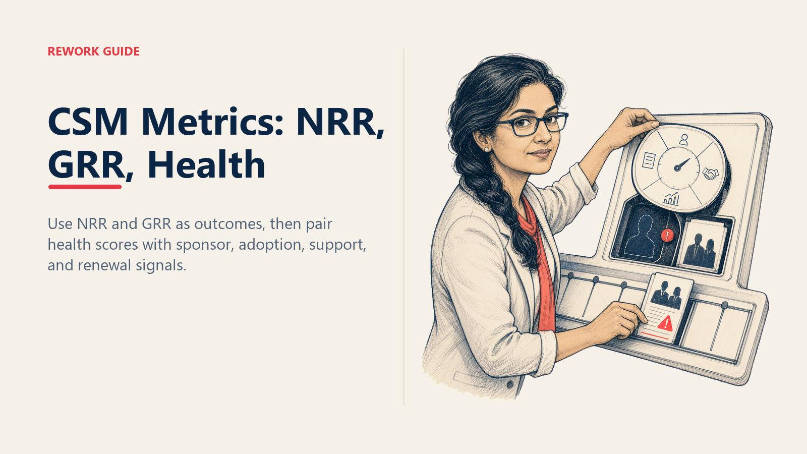 CSM lifting a clean account health score to reveal a missing sponsor and hidden competitor risk