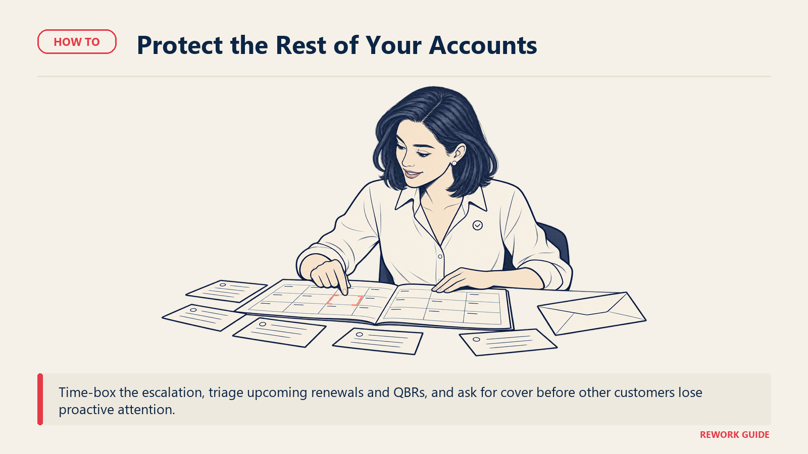 Sara bounds one escalation window while keeping other renewals and QBR appointments visible on the account schedule.