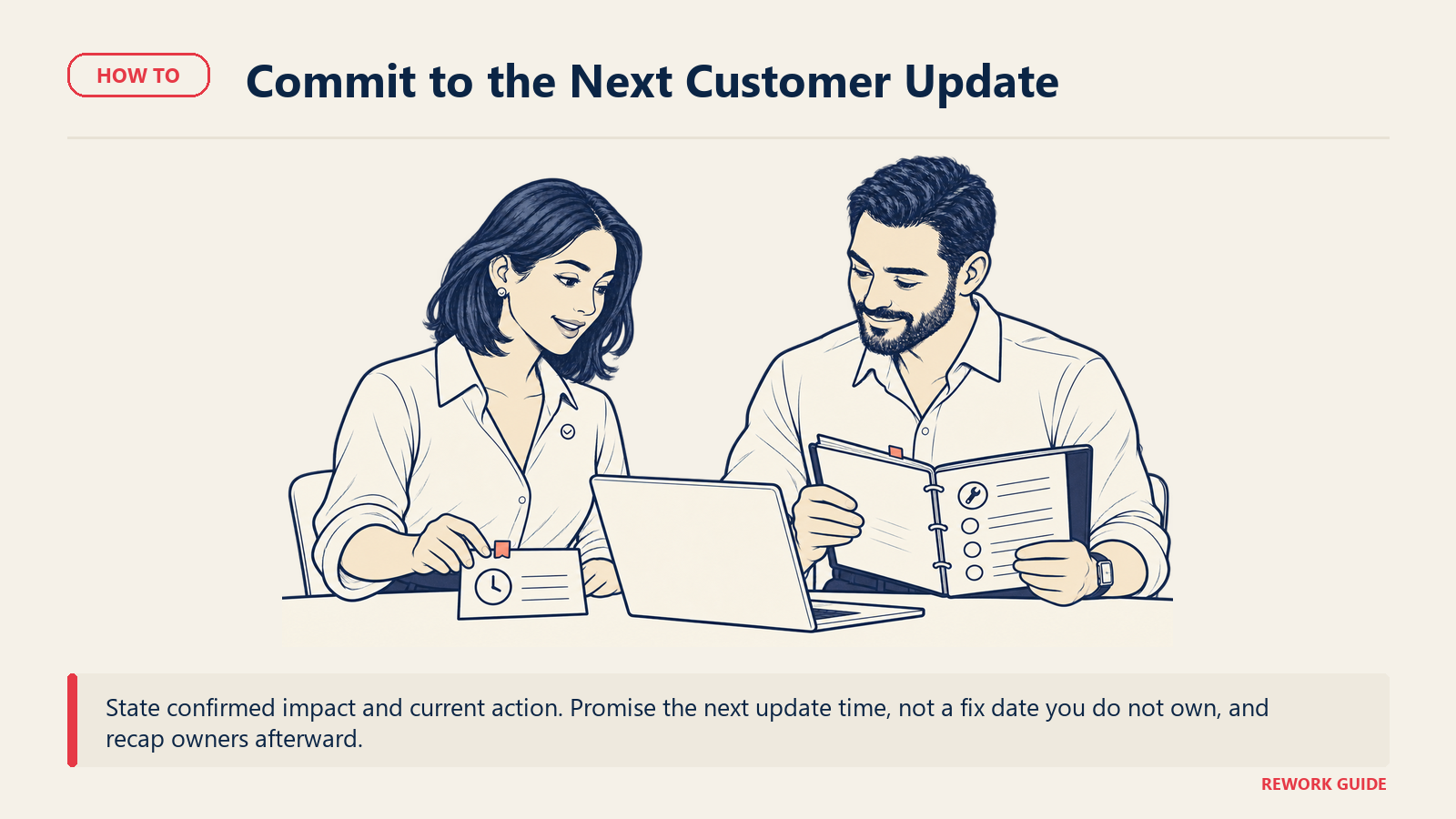 Sara and Idris prepare a confirmed next-update commitment for an executive call while the technical repair remains unresolved.