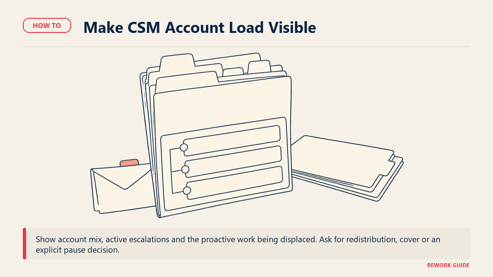 A CSM load report shows active escalations crowding out a proactive account review, making redistribution or cover a concrete decision.