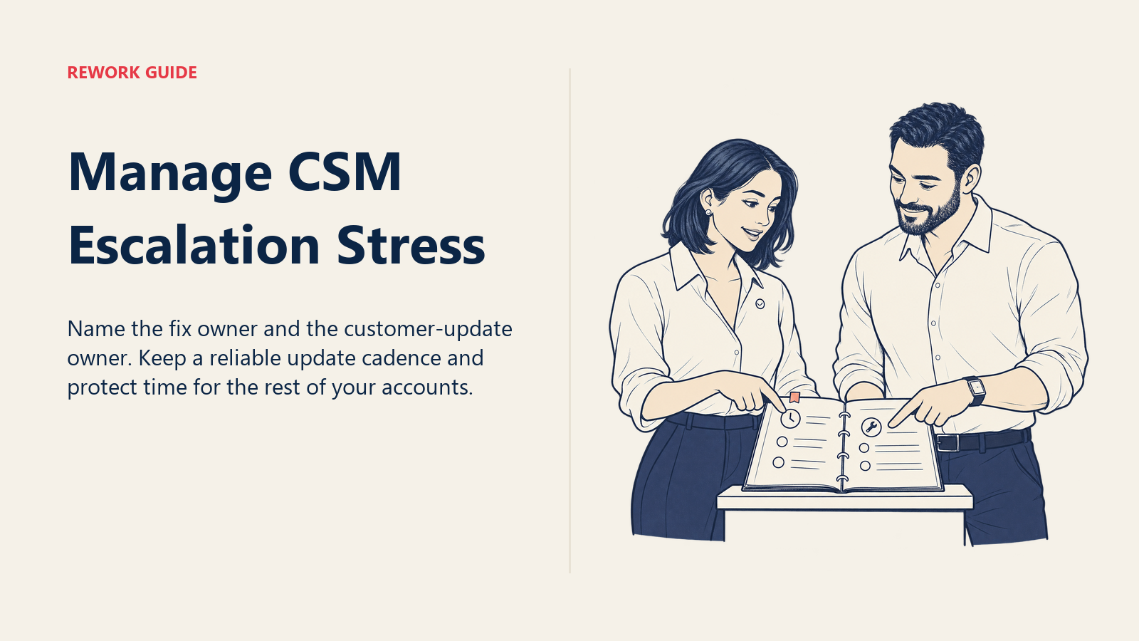 CSM Sara owns the next customer update while engineering lead Idris owns the repair in a shared escalation log.