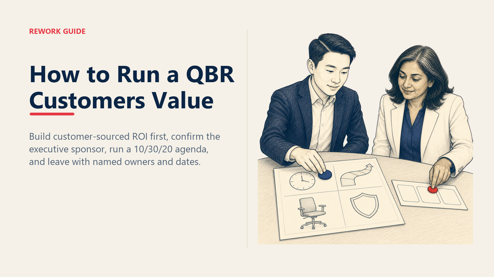 Customer success manager and executive sponsor validating four ROI inputs and assigning next-quarter QBR actions.