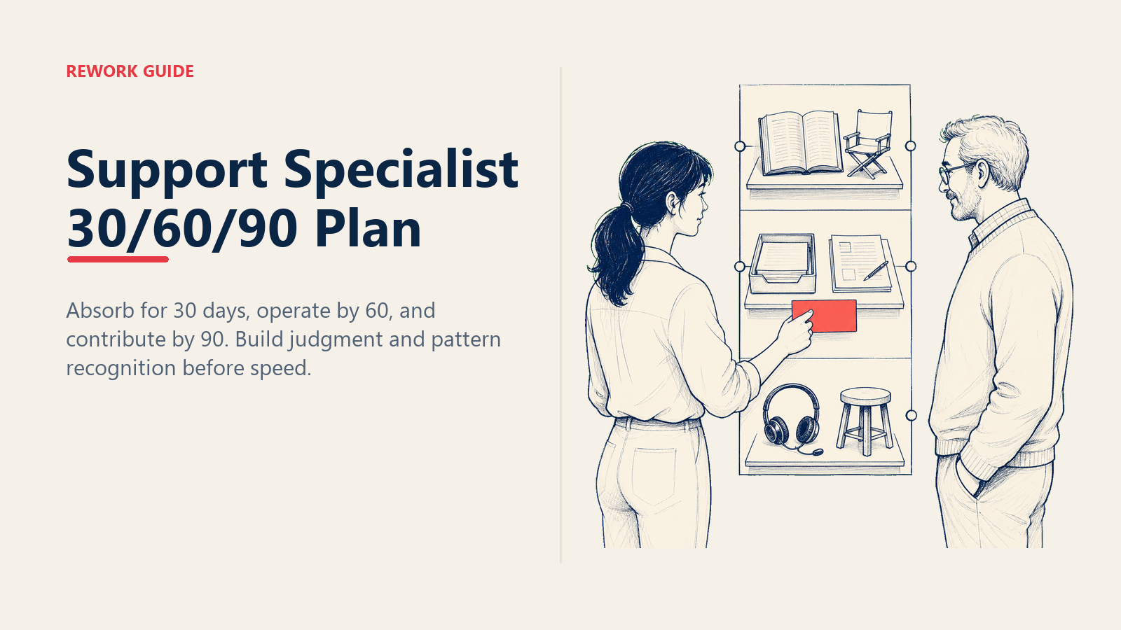 New support specialist and mentor mapping the absorb, operate, and contribute milestones of a 30/60/90 plan.