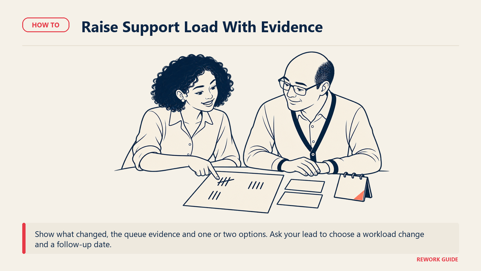 Nia and Dev review a support demand sheet with two workload-change options and a follow-up calendar tab.