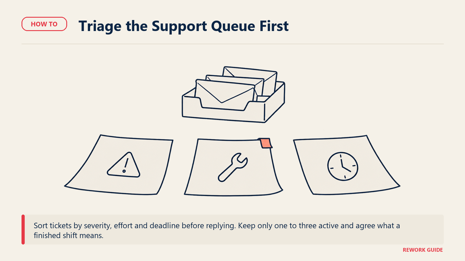 Three active ticket slips sit apart from a waiting support queue, illustrating triage and a one-to-three WIP limit.