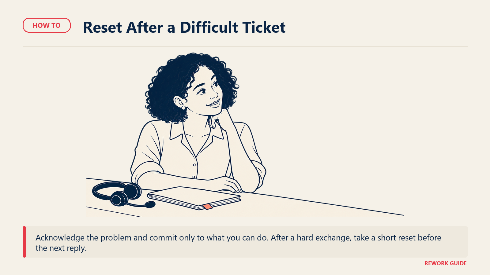 Nia sets down her headset and looks away from a completed difficult exchange before answering the next ticket.