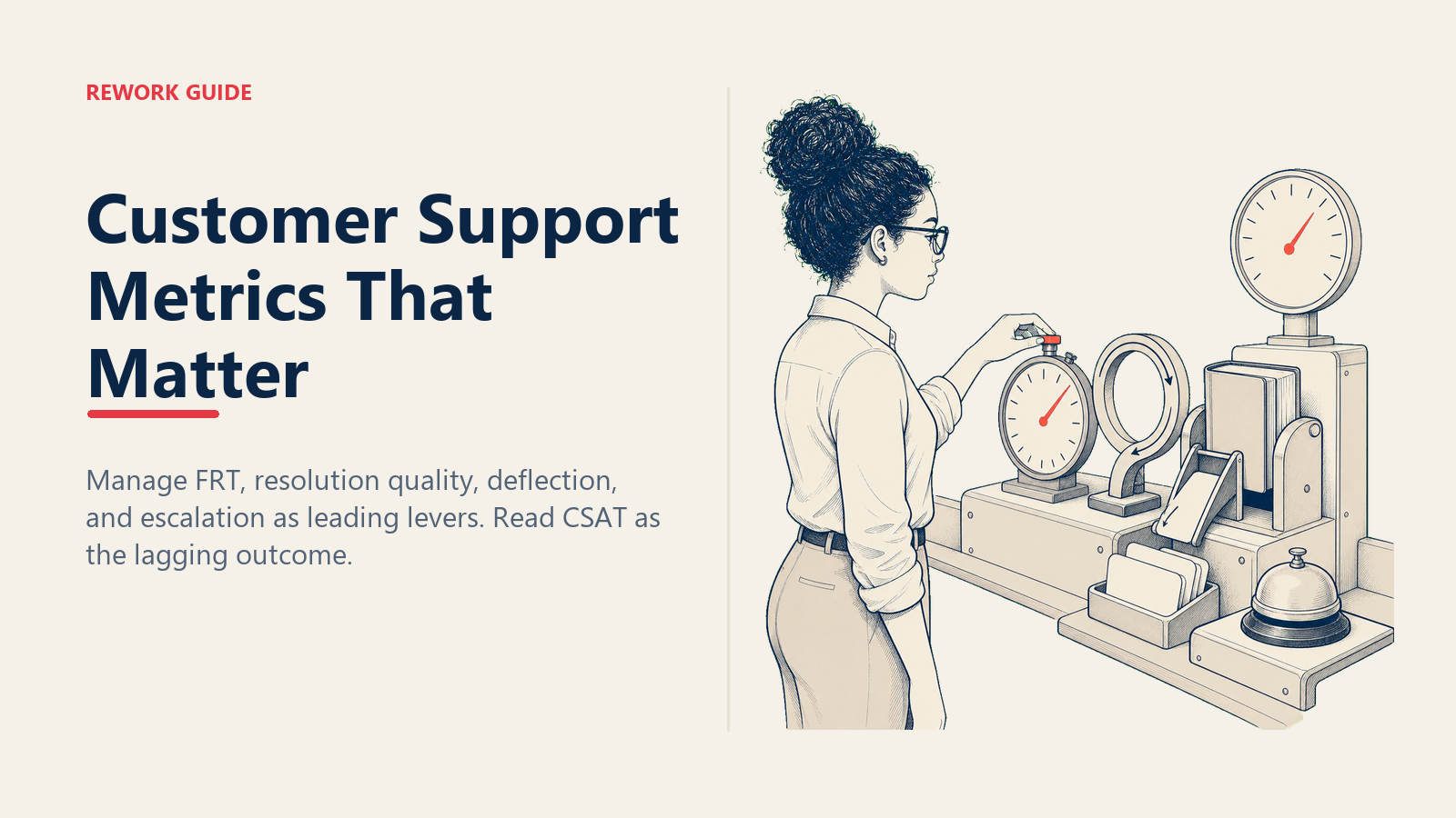Support specialist adjusting leading support indicators while CSAT appears as a delayed outcome.