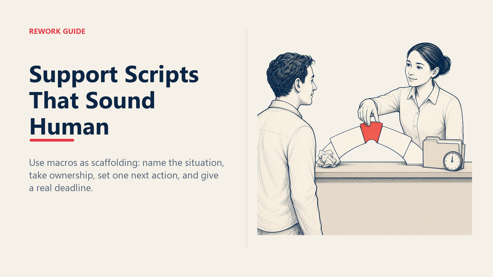 Support specialist bridging a frustrated customer message to a clear owned next action with human-sounding scripts.
