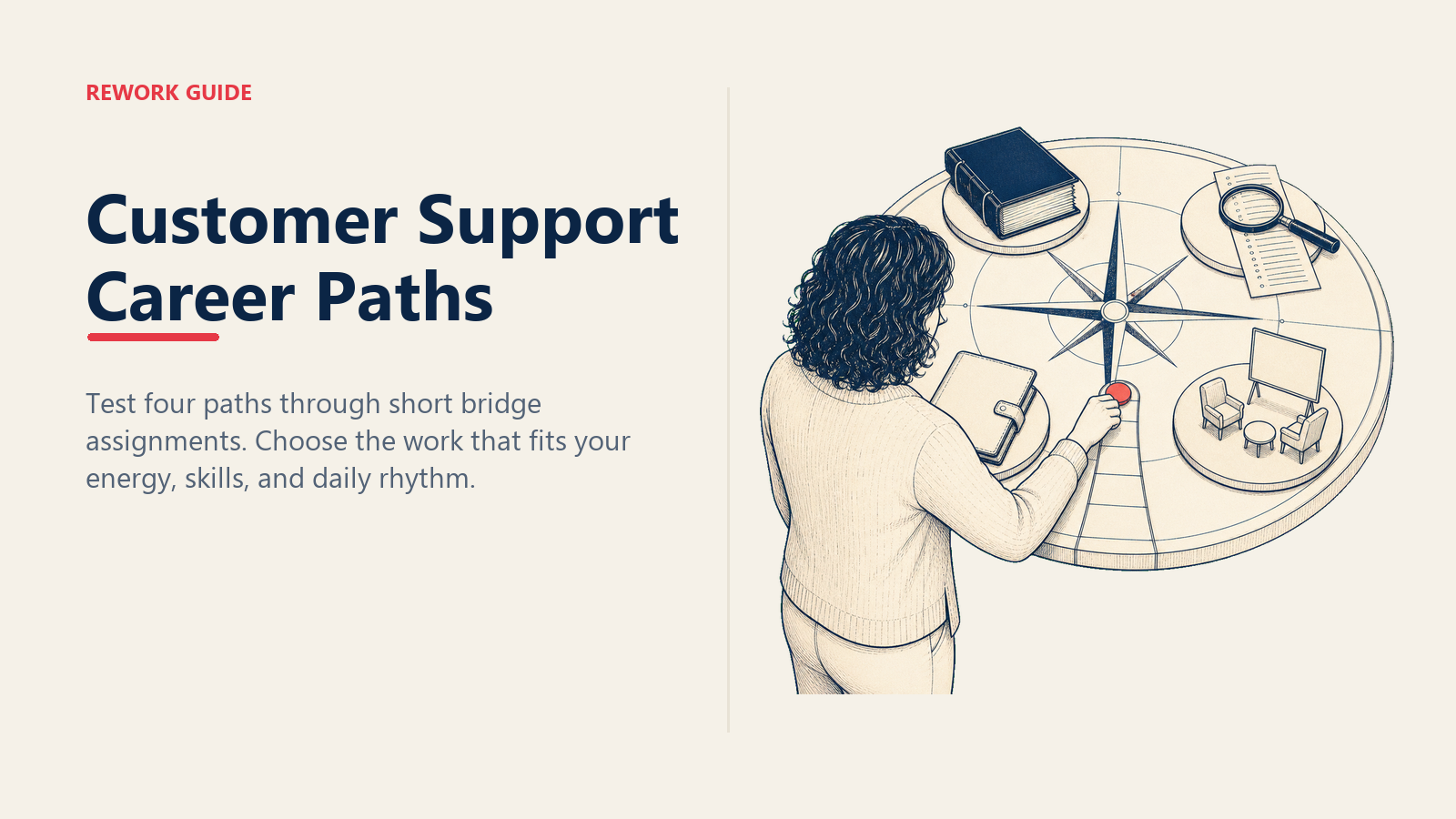 Support specialist testing four career paths with a fit compass and bridge assignments.