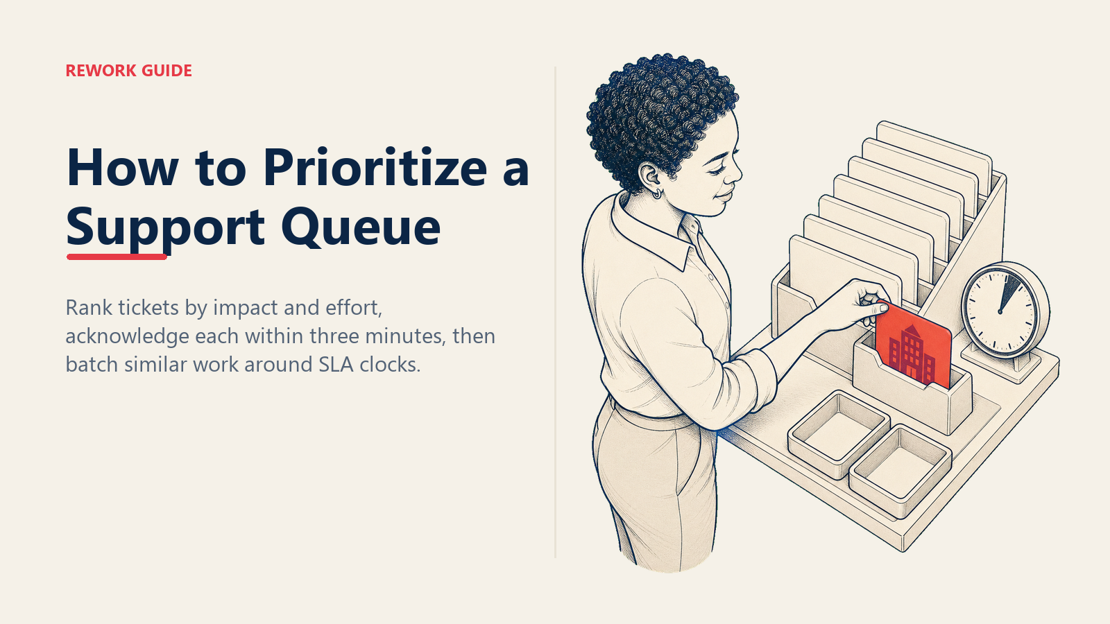 Support specialist pulling an urgent ticket to the front of a queue using impact, effort, and SLA timing.