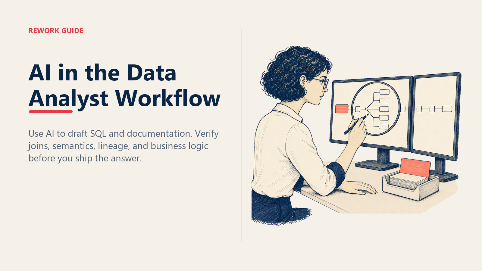 Data analyst correcting a fanout join while verifying AI-drafted SQL against a trusted warehouse model.