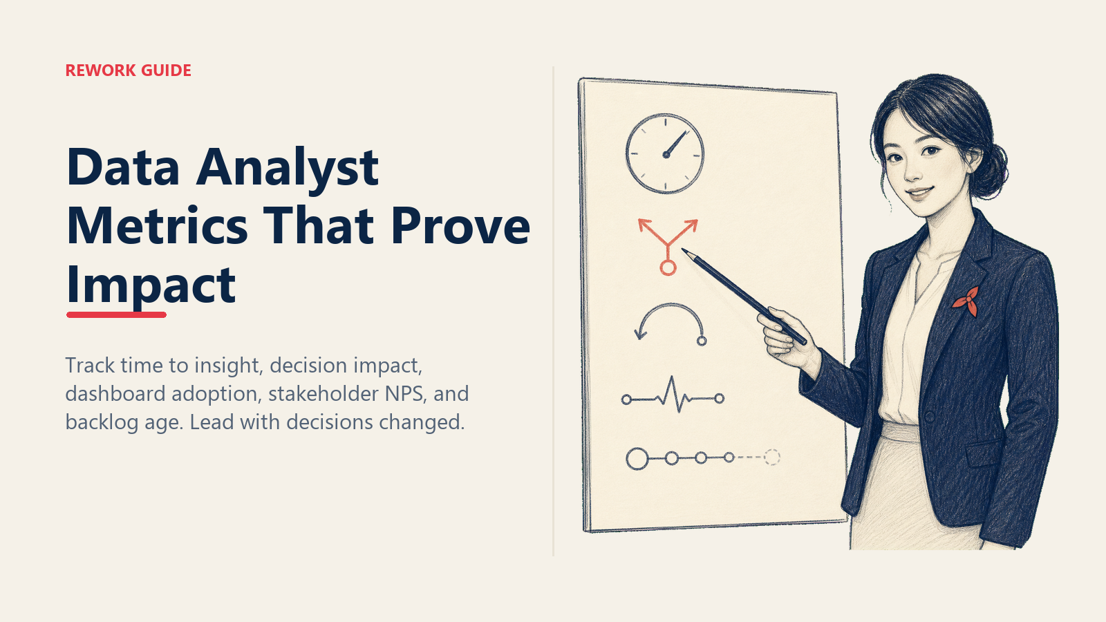 Data analyst pointing to decision impact on a five-metric quarterly performance scorecard.