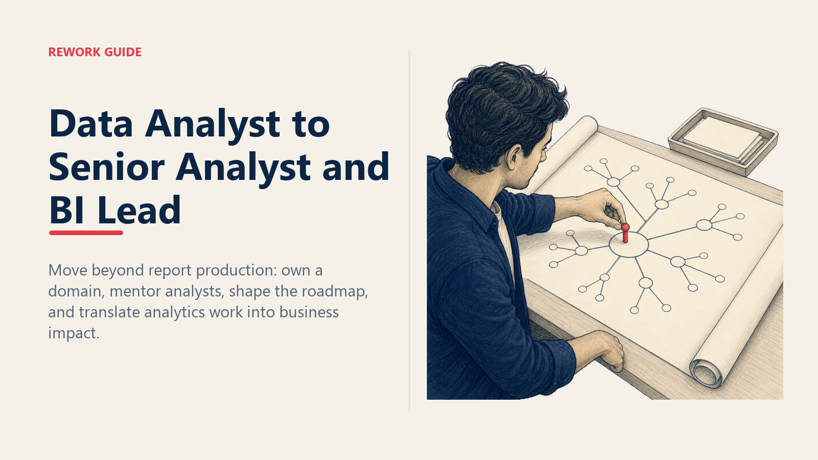 Data analyst claiming ownership of a domain metric map on the path to Senior Analyst and BI Lead.