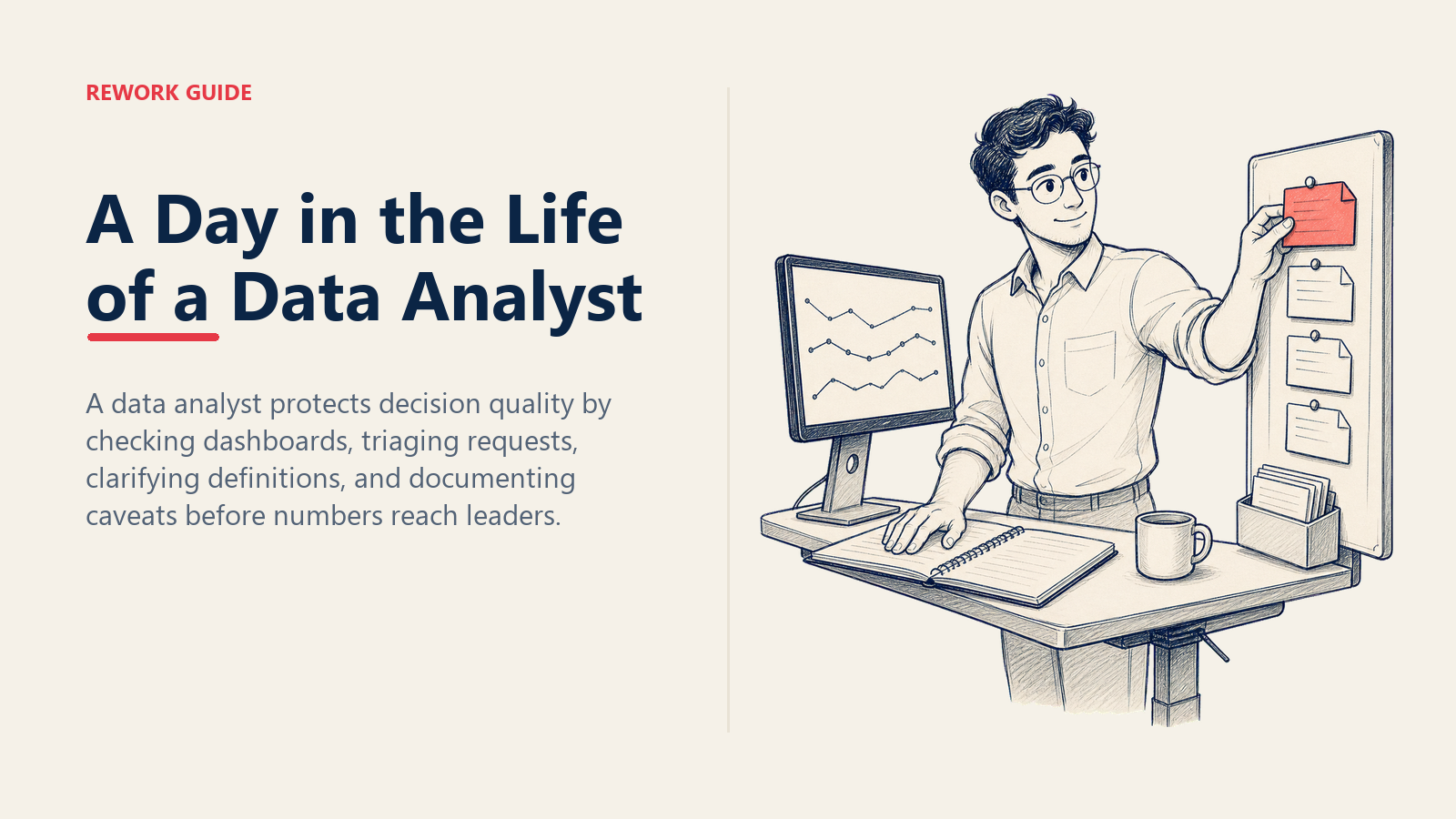 Data analyst triaging a decision-critical request between a dashboard health monitor and a caveat notebook