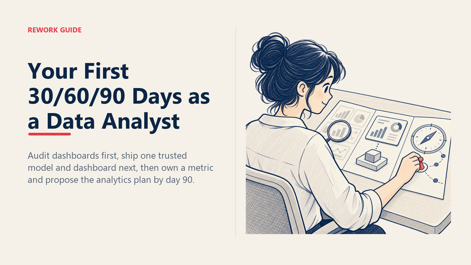 New data analyst placing an ownership marker on a three-phase audit, ship, and metric roadmap