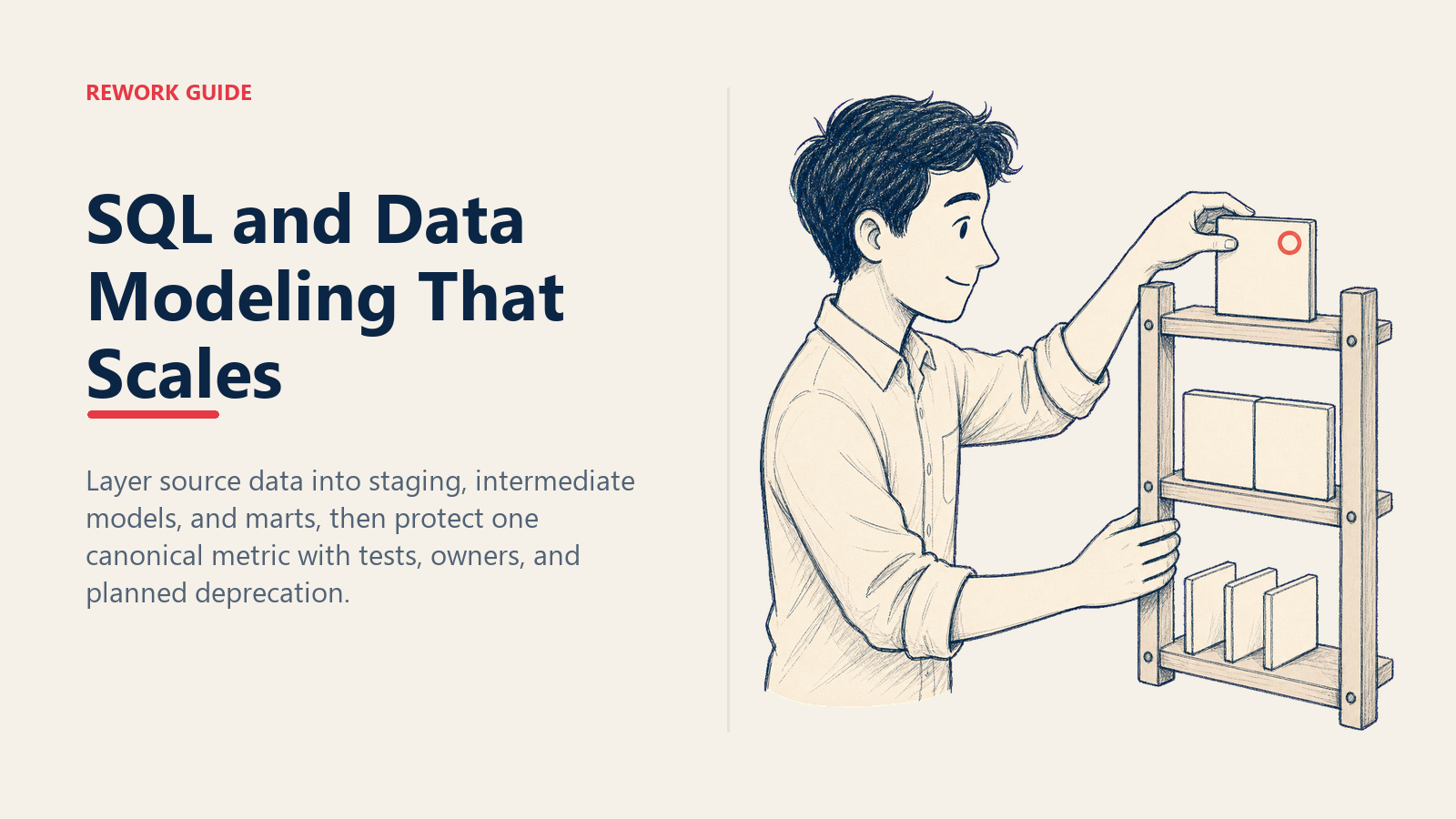 Analytics engineer building a tested three-layer data model on a vertical rack