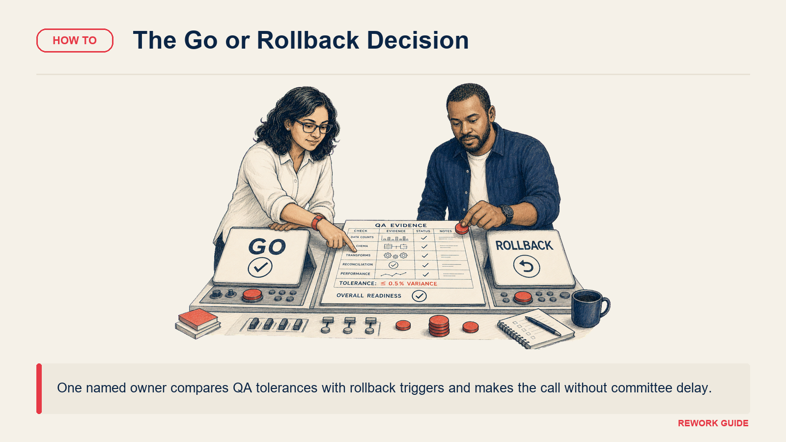 CRM go or rollback decision with migration leads comparing QA evidence against rollback triggers