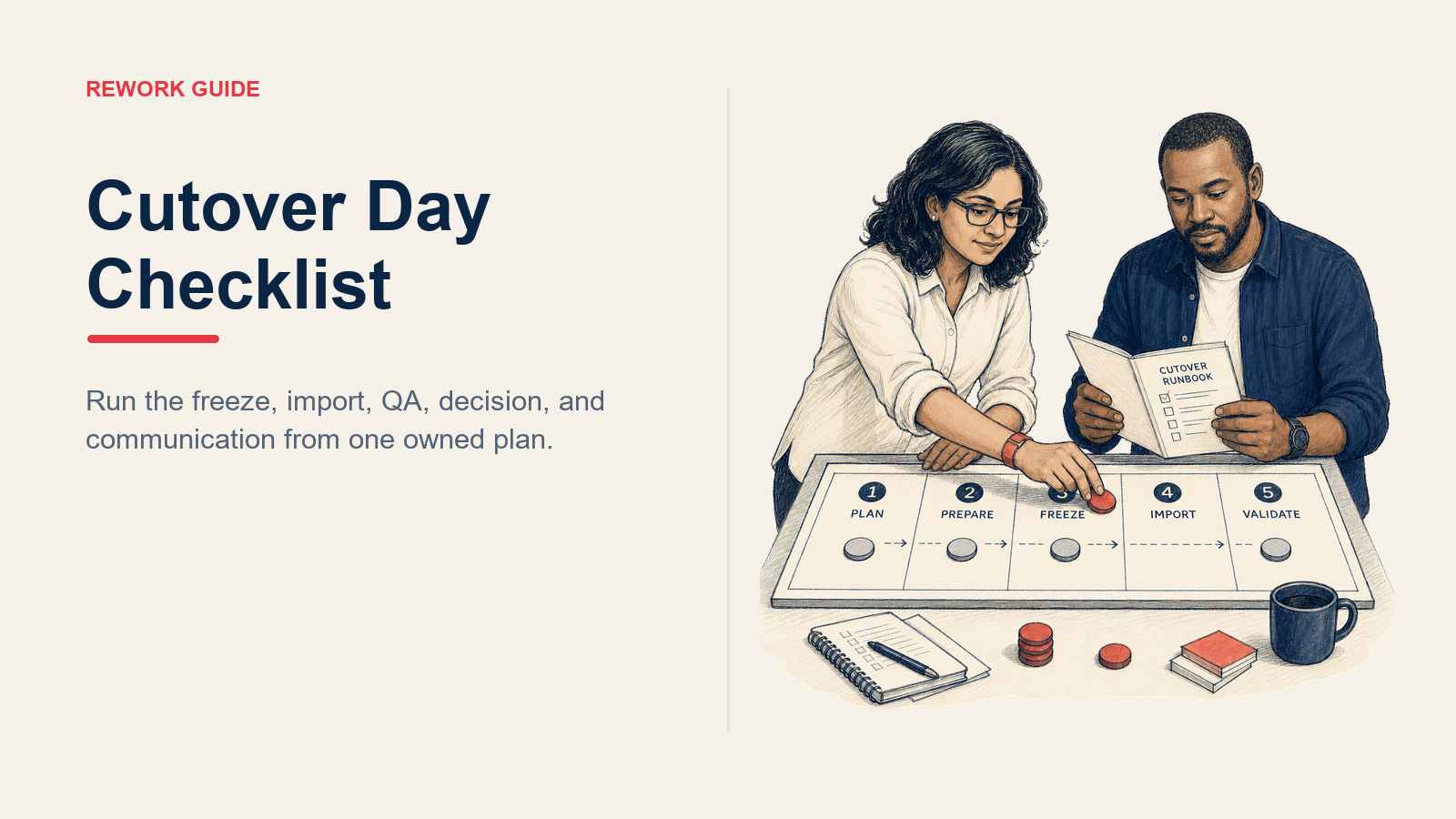 Cutover day checklist with migration lead and QA lead advancing a five-stage CRM migration plan
