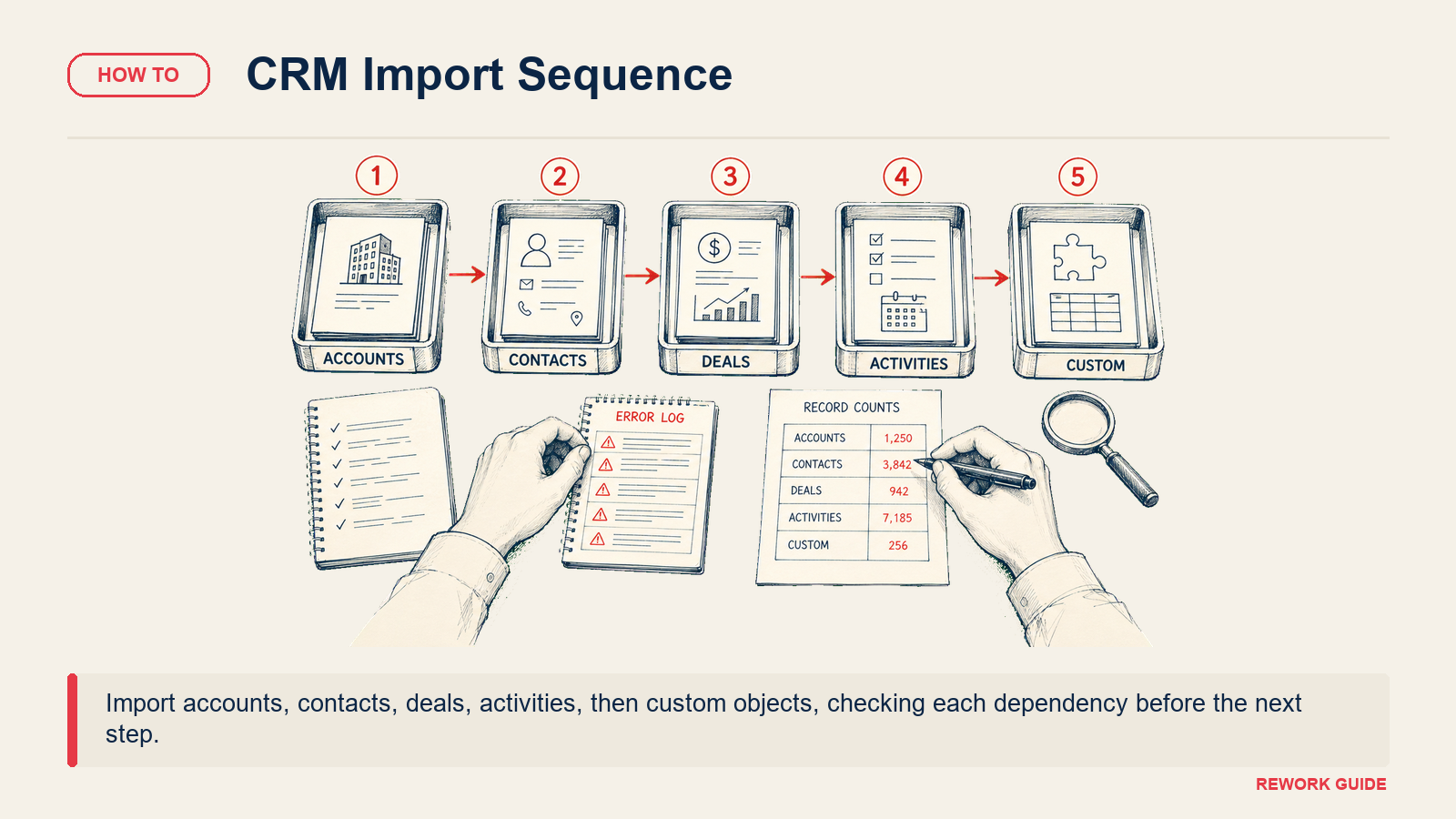 CRM import sequence from accounts through custom objects with dependency and record-count checks