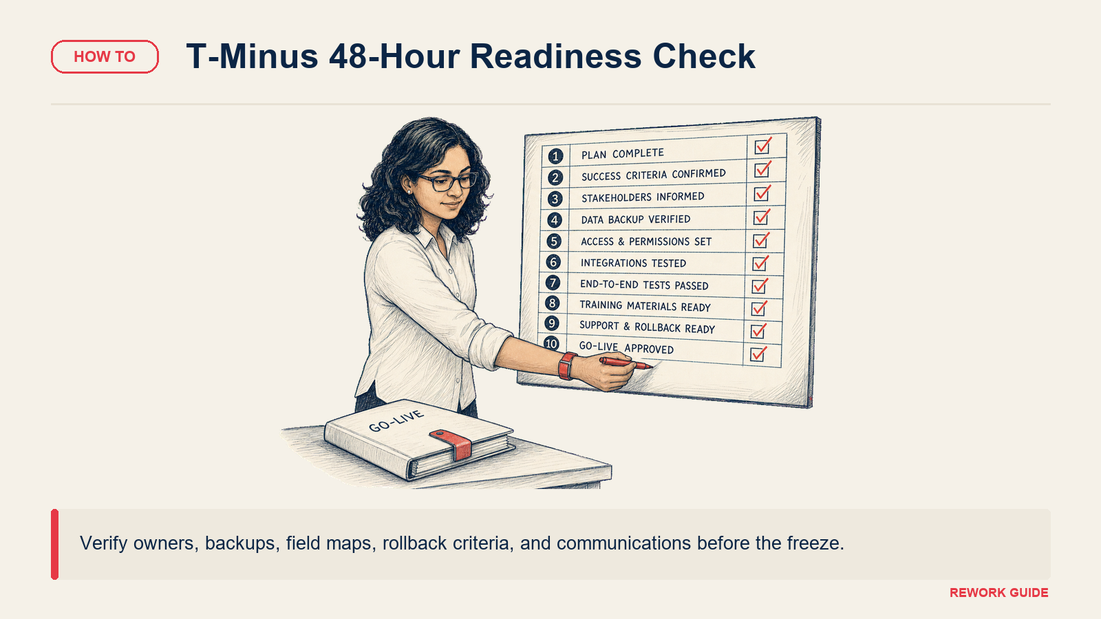 T-minus 48-hour CRM cutover readiness checklist with migration lead reviewing go-live prerequisites