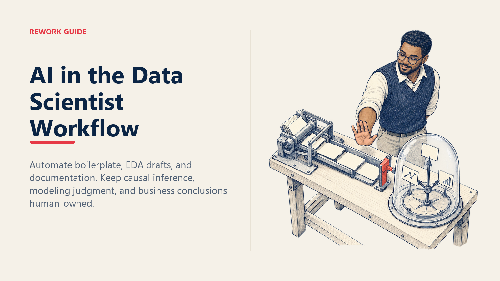 AI in the data scientist workflow with a scientist stopping automation before it reaches causal and modeling judgment