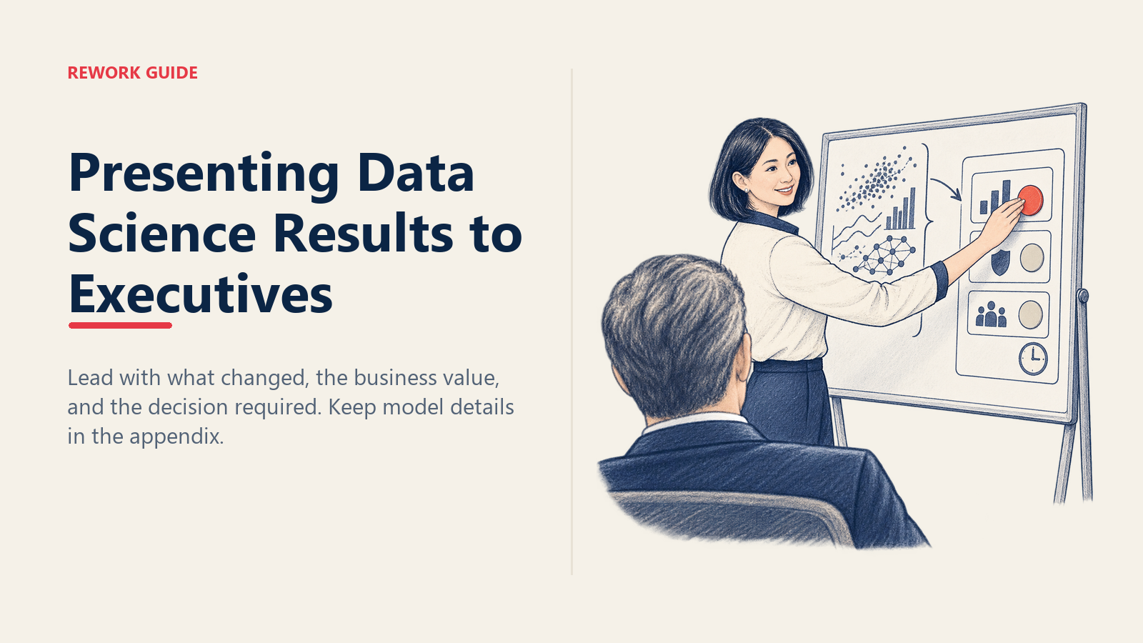 Data scientist presenting results to an executive by moving a business-value signal into a clear decision card