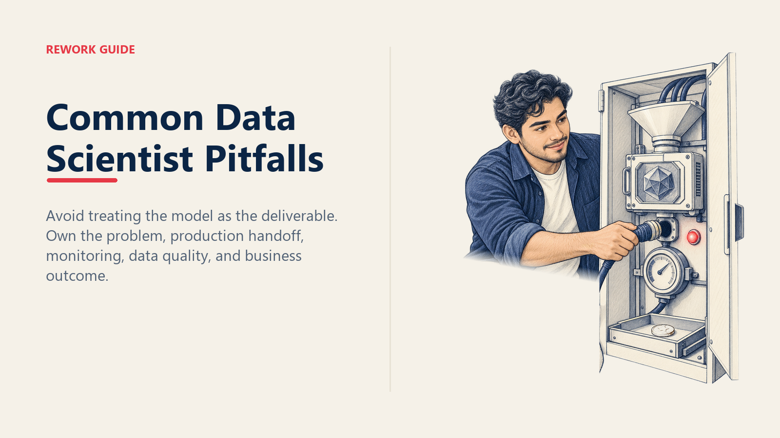 Common data scientist pitfalls shown as a scientist reconnecting a model to production monitoring and business outcomes