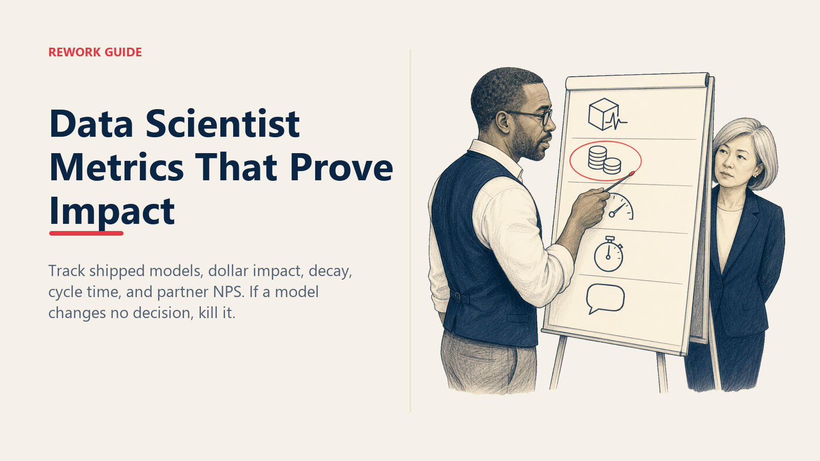 Data science lead presenting five QBR metrics that connect shipped models, impact, decay, cycle time, and partner trust.