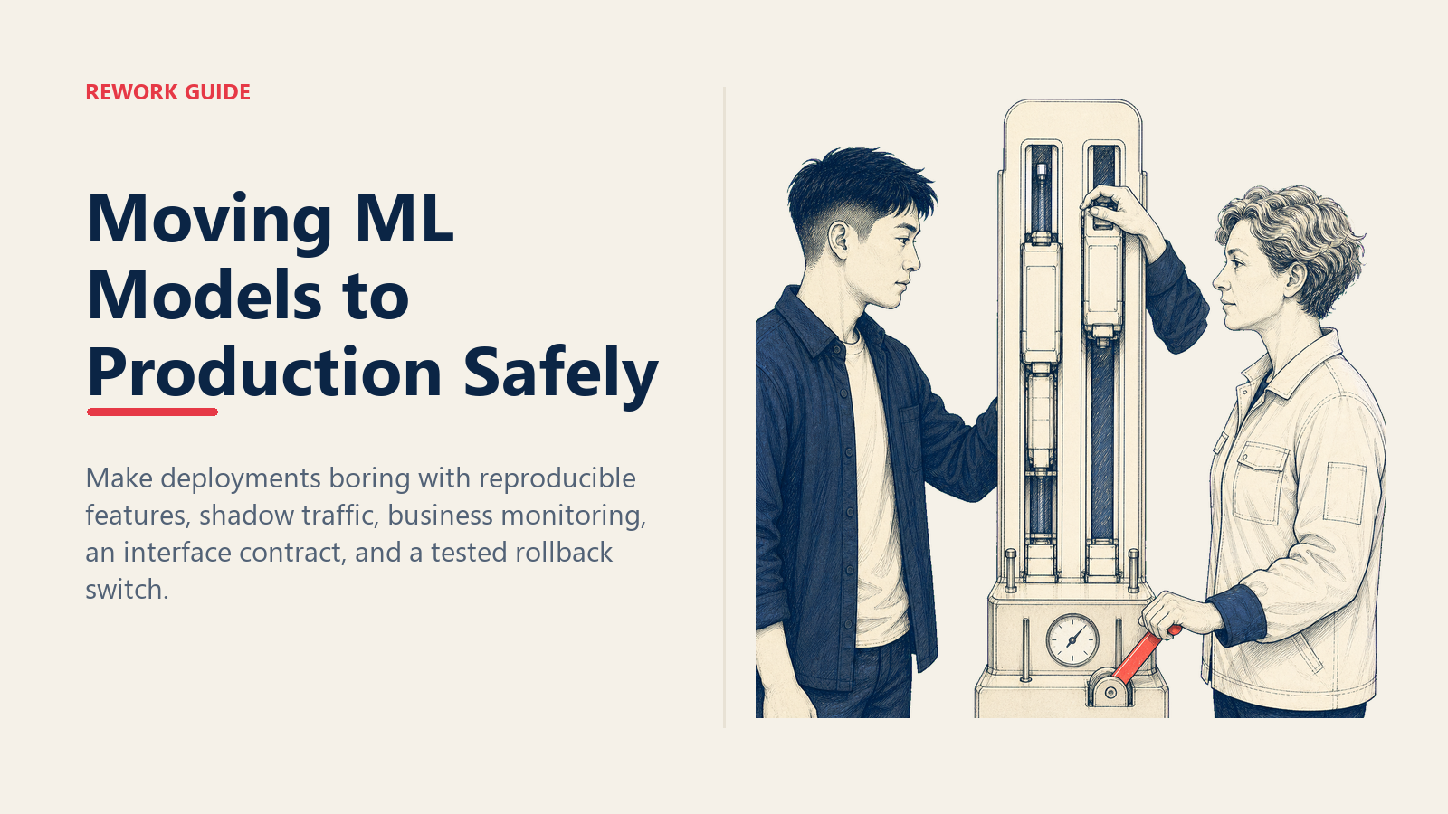 Data scientist and platform engineer moving an ML model into shadow production with monitoring and a tested rollback switch.