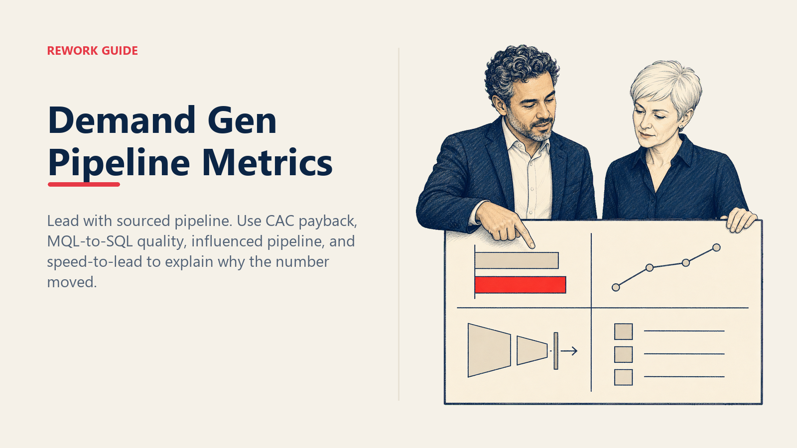Demand generation manager presents sourced pipeline and CAC trends on a focused QBR board.