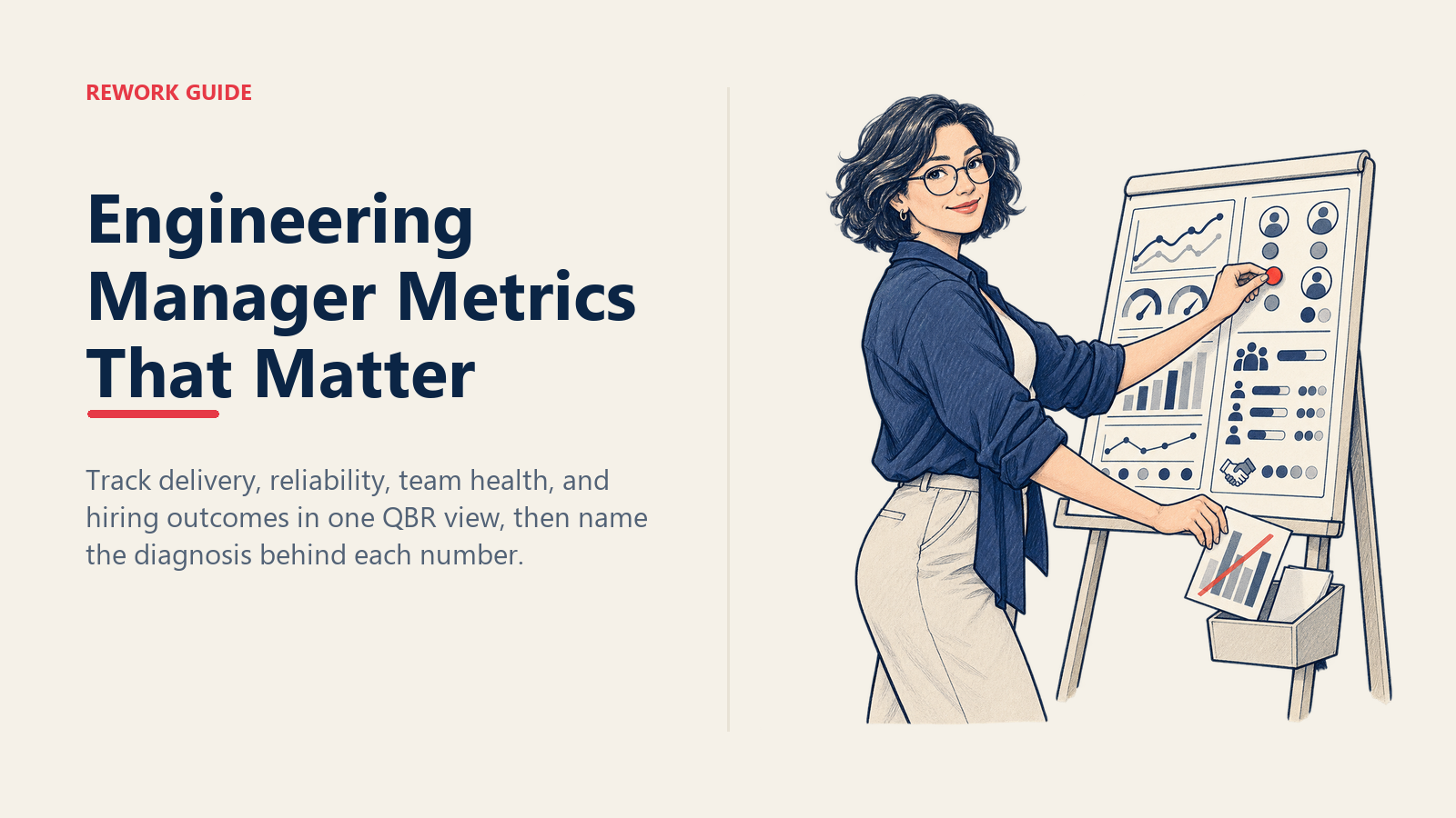 Engineering manager replacing a story-point chart with a balanced QBR scorecard for delivery and team health metrics