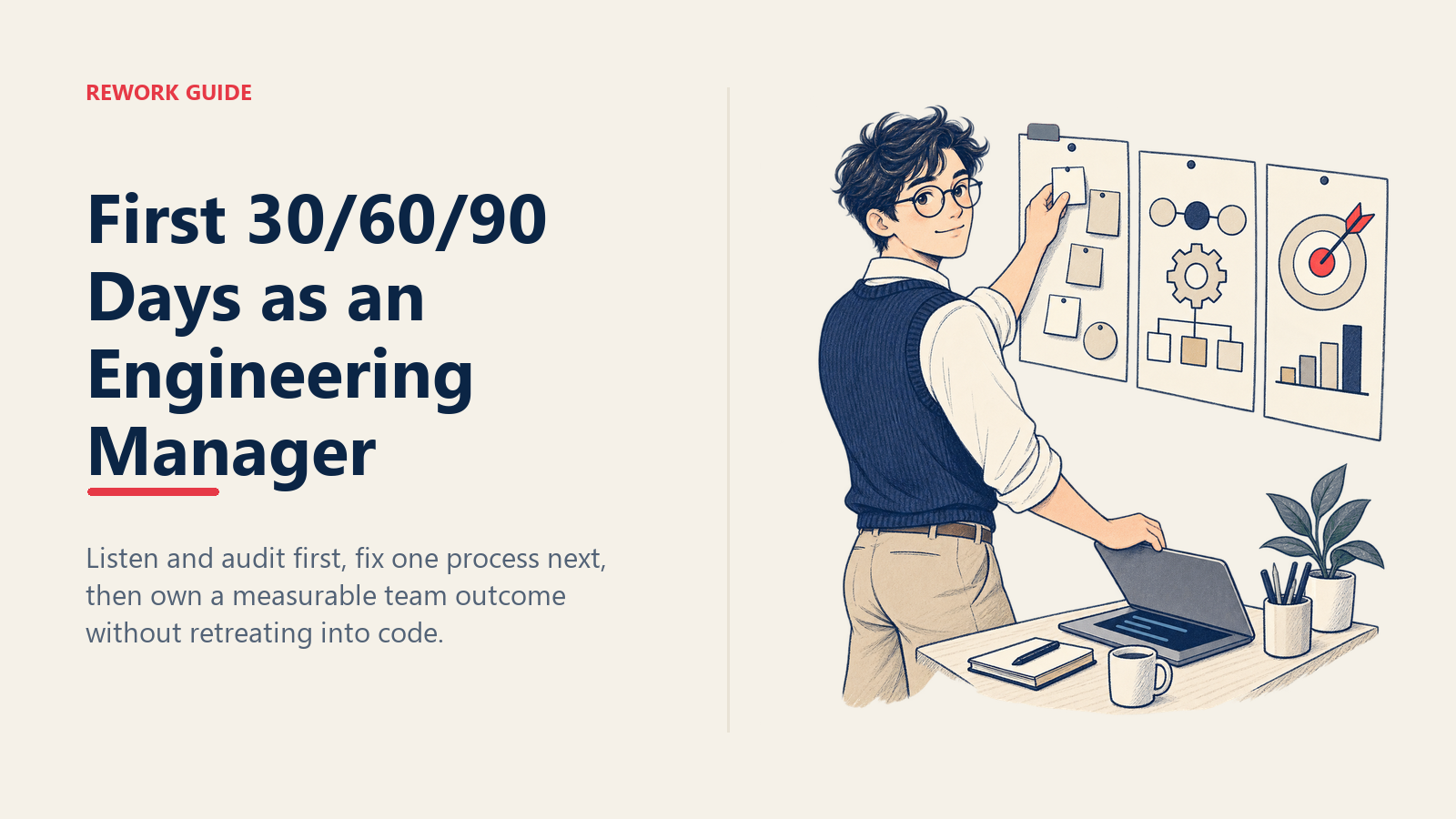 New engineering manager closing a coding laptop and starting a three-phase 30/60/90-day management plan
