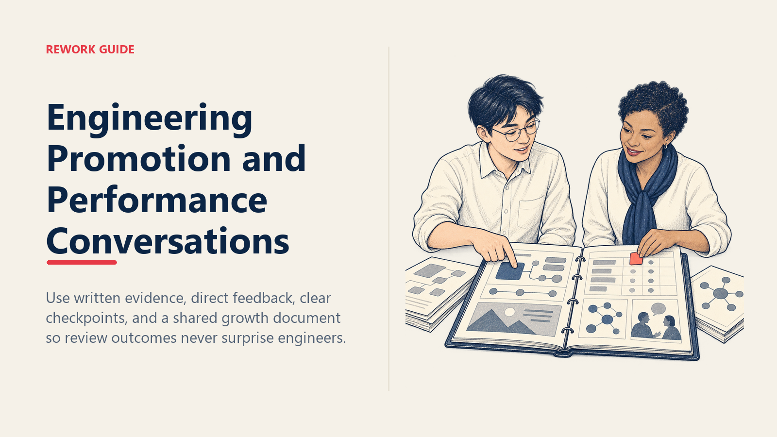 Engineering manager and software engineer reviewing shared evidence and a growth checkpoint for a transparent performance conversation