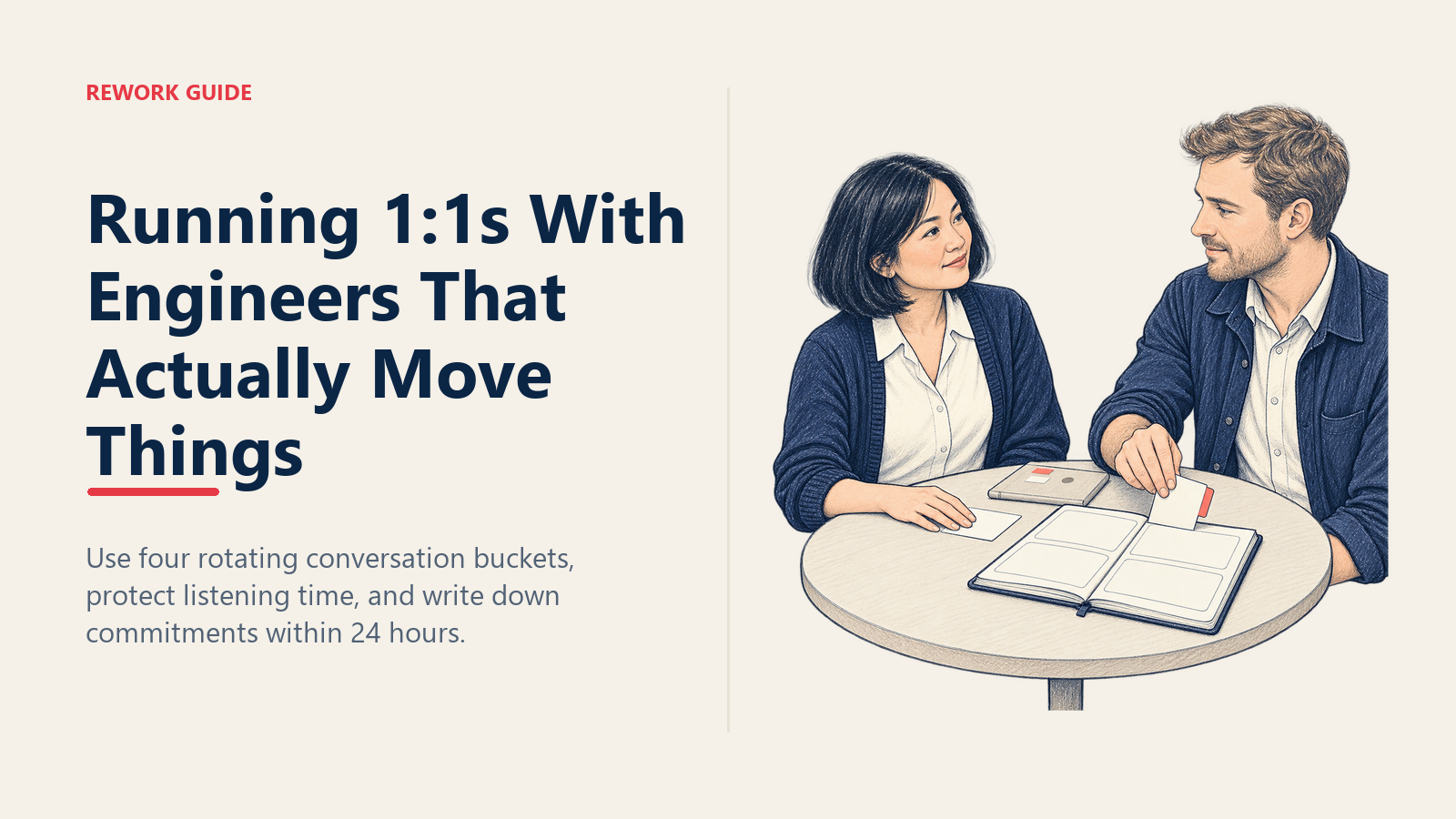 Engineering manager listens as an engineer moves a concern from status tracking into a four-part 1:1 conversation notebook