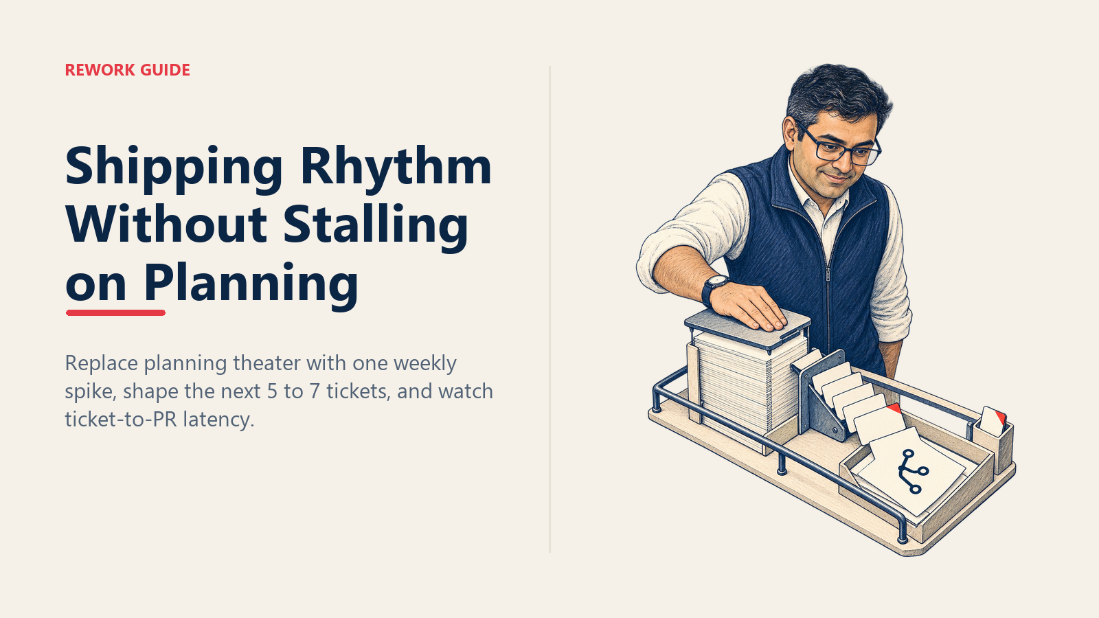 Engineering manager closes a stack of planning meetings and sends a short shaped ticket queue toward an open pull request