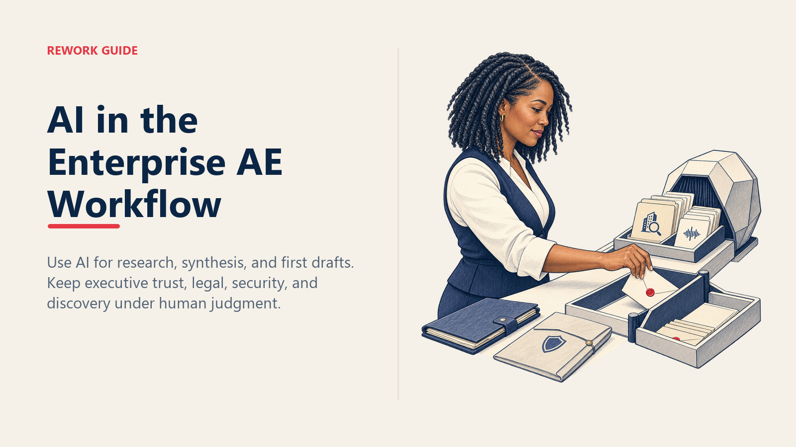 Enterprise AE lets research and transcript work pass through AI while stopping an executive message at a human review gate
