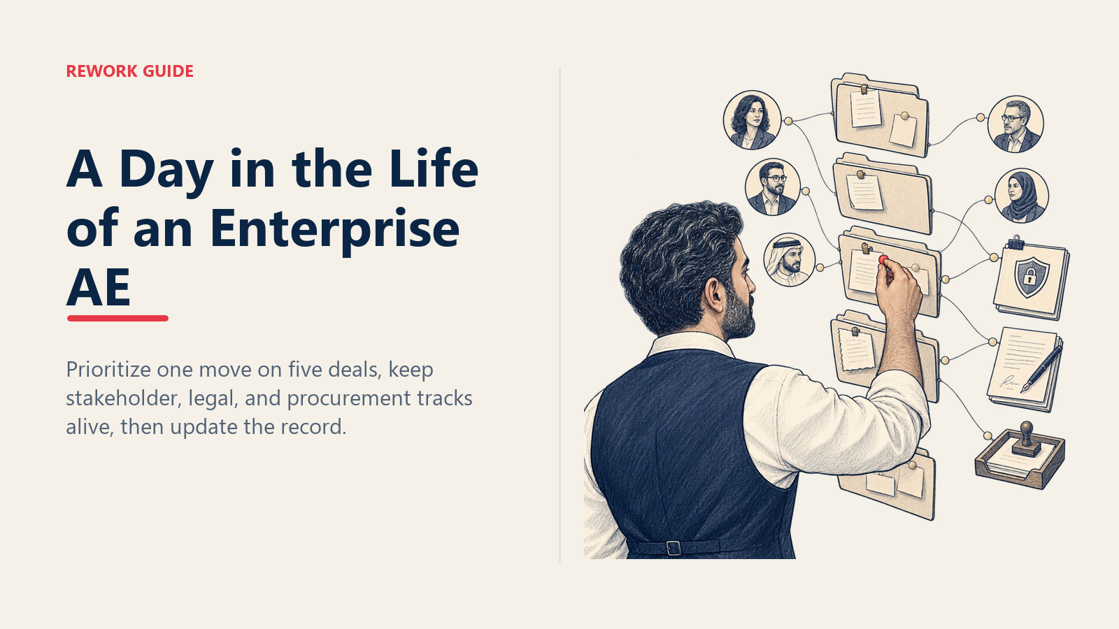 Enterprise AE chooses one priority move while coordinating five parallel deals across stakeholder, security, legal, and procurement tracks