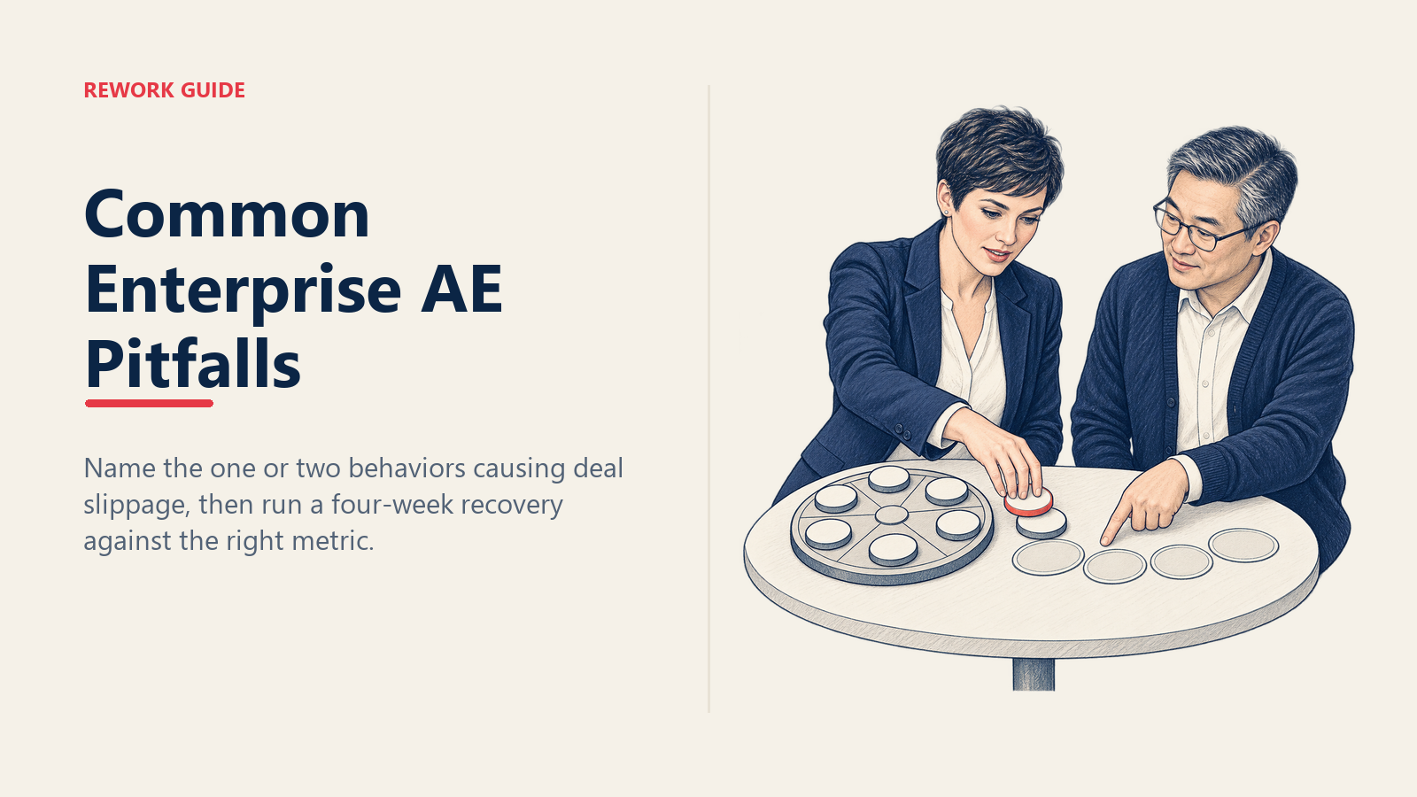 Enterprise AE and manager select two causes from seven pitfalls and place them into a four-week recovery path