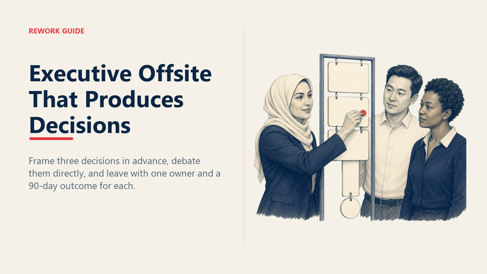 Executive team assigns an owner and 90-day outcome to each offsite decision