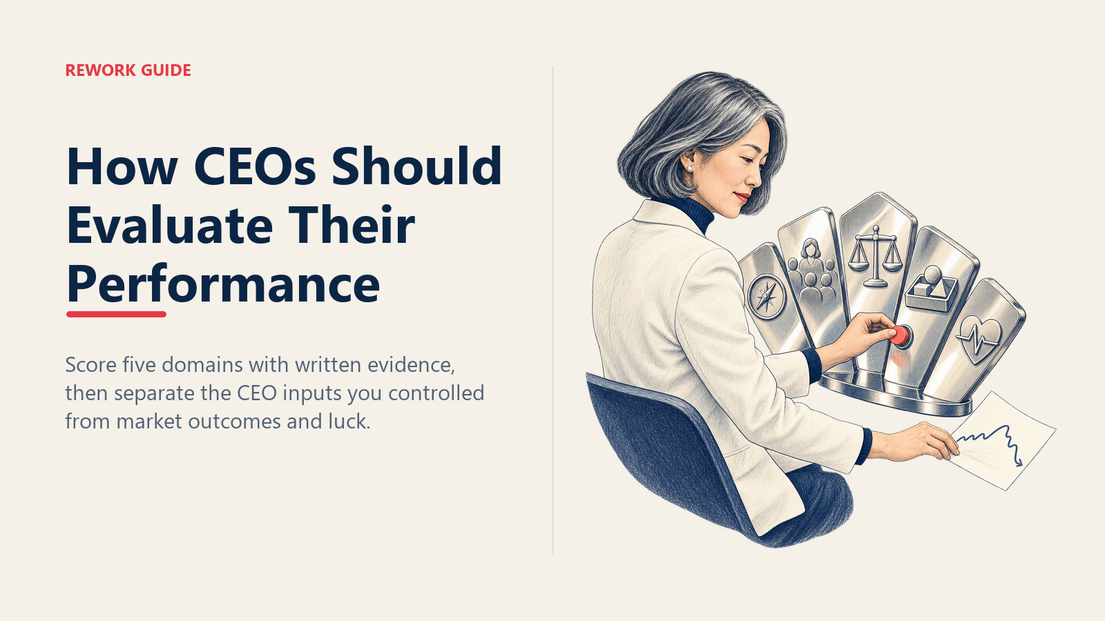 CEO separating market outcomes from a five-domain evidence review and marking one development commitment.