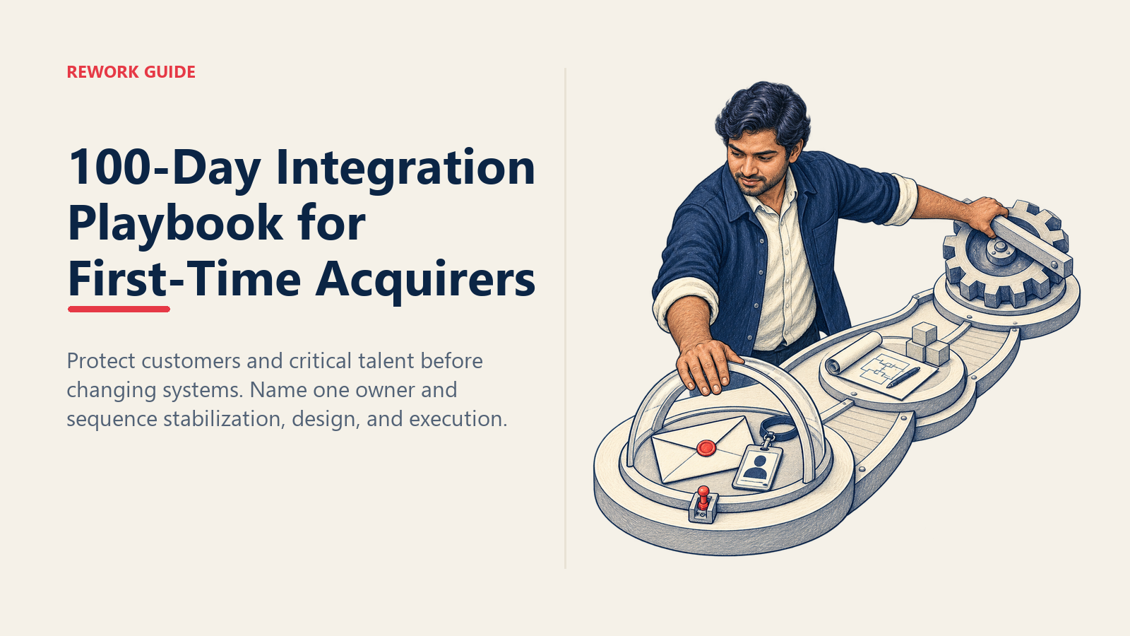 Integration owner protecting customers and critical talent while holding back systems changes in a 100-day acquisition plan.