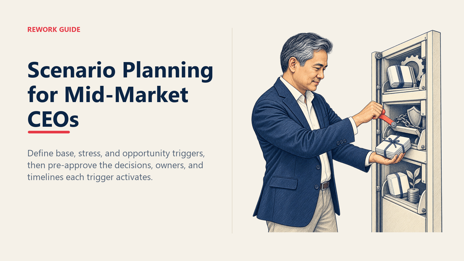 CEO activating a pre-approved action bundle from a three-rung base, stress, and opportunity scenario cabinet.